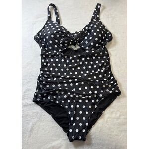 Aqua Eve Black White Polka Dot Plus Swimsuit Ruched Side Cutout Knot Front 16W